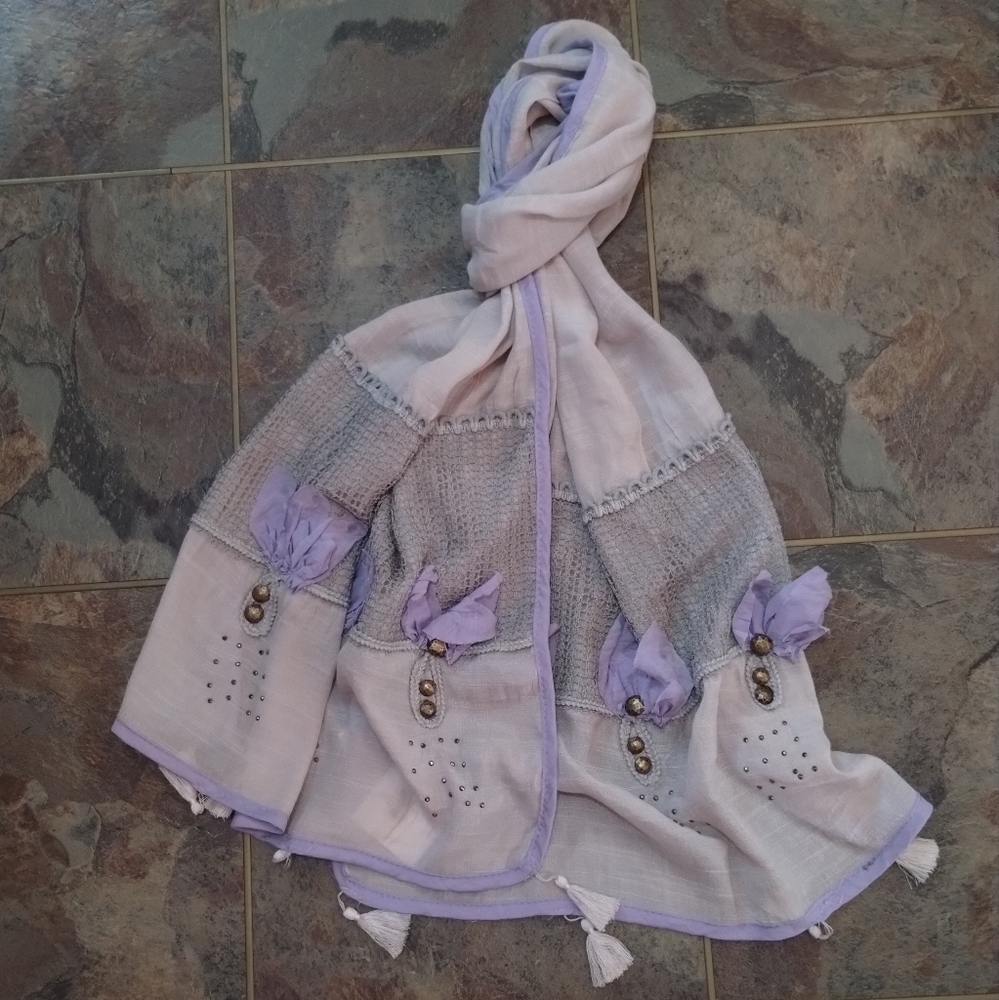 Mad About Style handmade gray & lavender boho lightweight embellished scarf
